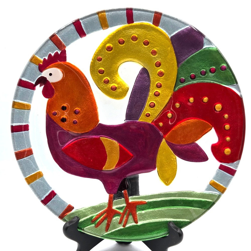Colorful Hand Blown Rooster Glass Plate by Lori Siebert for Silvestri 11"